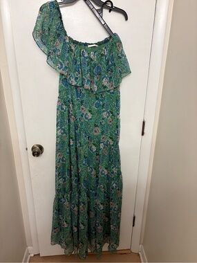 Mango MNG Green Floral One Shoulder Ruffle Maxi Dress Tiered Wedding Guest 4